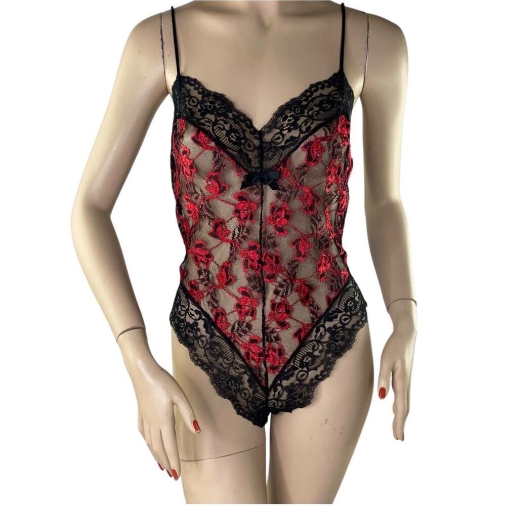 Vintage Nan Flower Black Red Lace Teddy Bodysuit 1980s Nylon Large - Picture 3 of 8